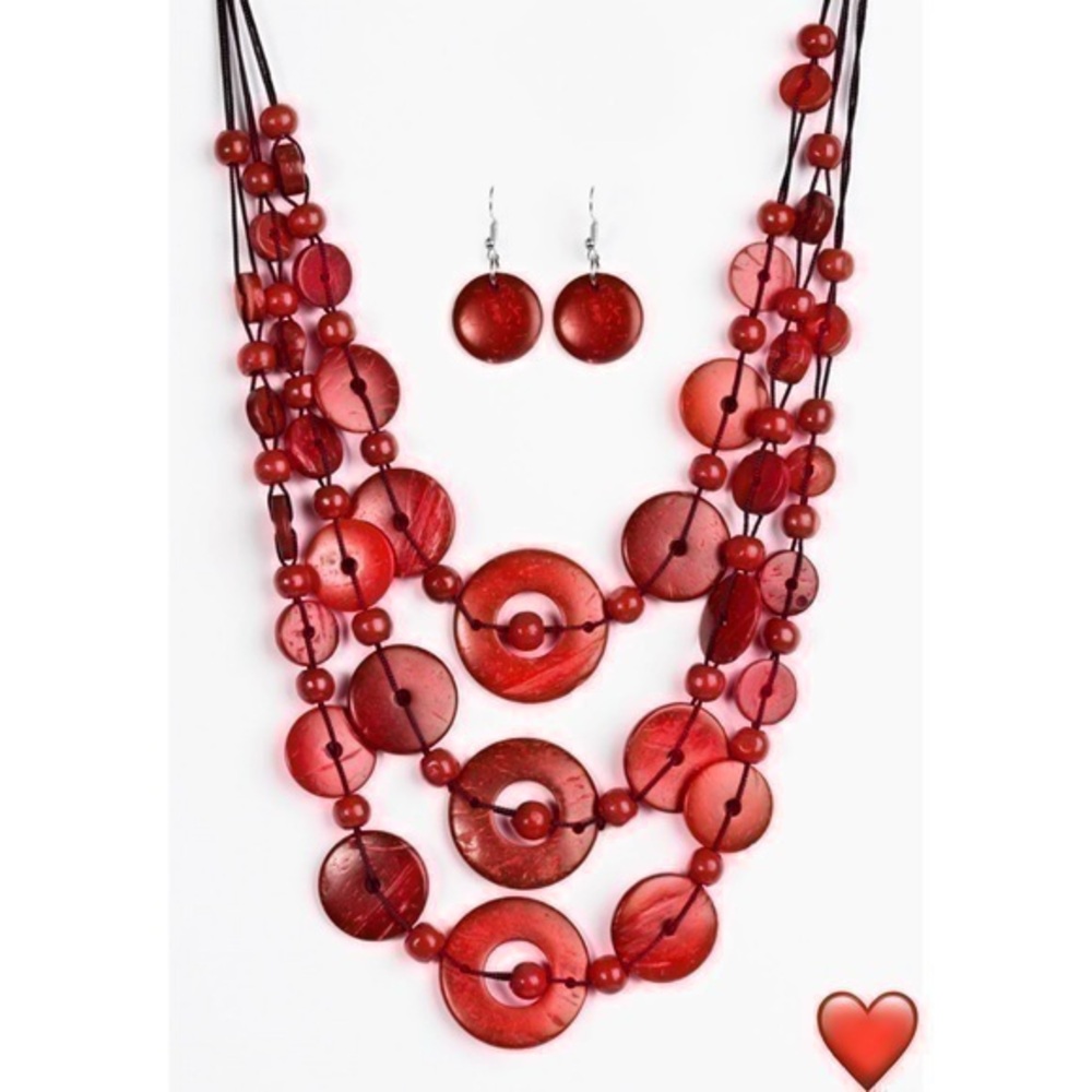 Red wooden beaded necklace and earring set - Picture 1 of 8